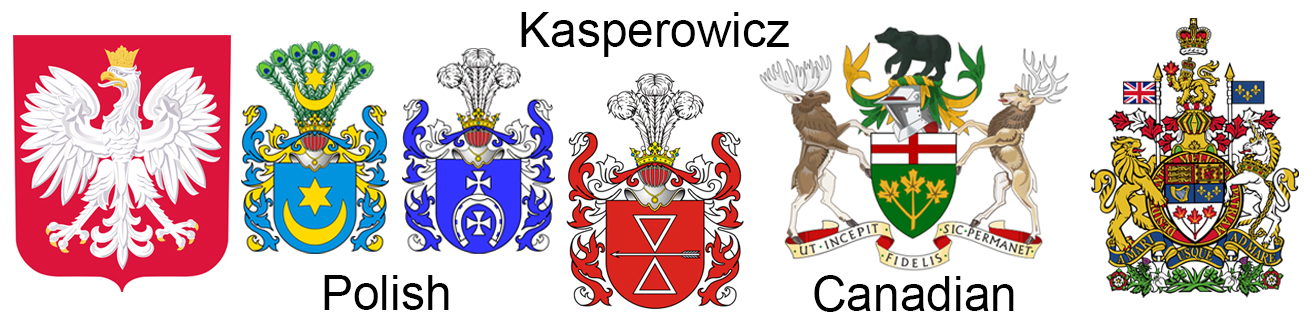 Poland's coat of arms on the left; the Kasperowicz family crest in the center; Canada's coat of arts on the right. Between the left and center are two family crests of females who joined the Kasperowicz family. Between the center and right is the Canadian Province of Ontario's coat of arms.